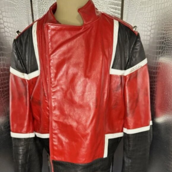 David Menkes Distressed Red Black White Leather Motorcycle Jacket Tails Custom - Picture 1 of 11